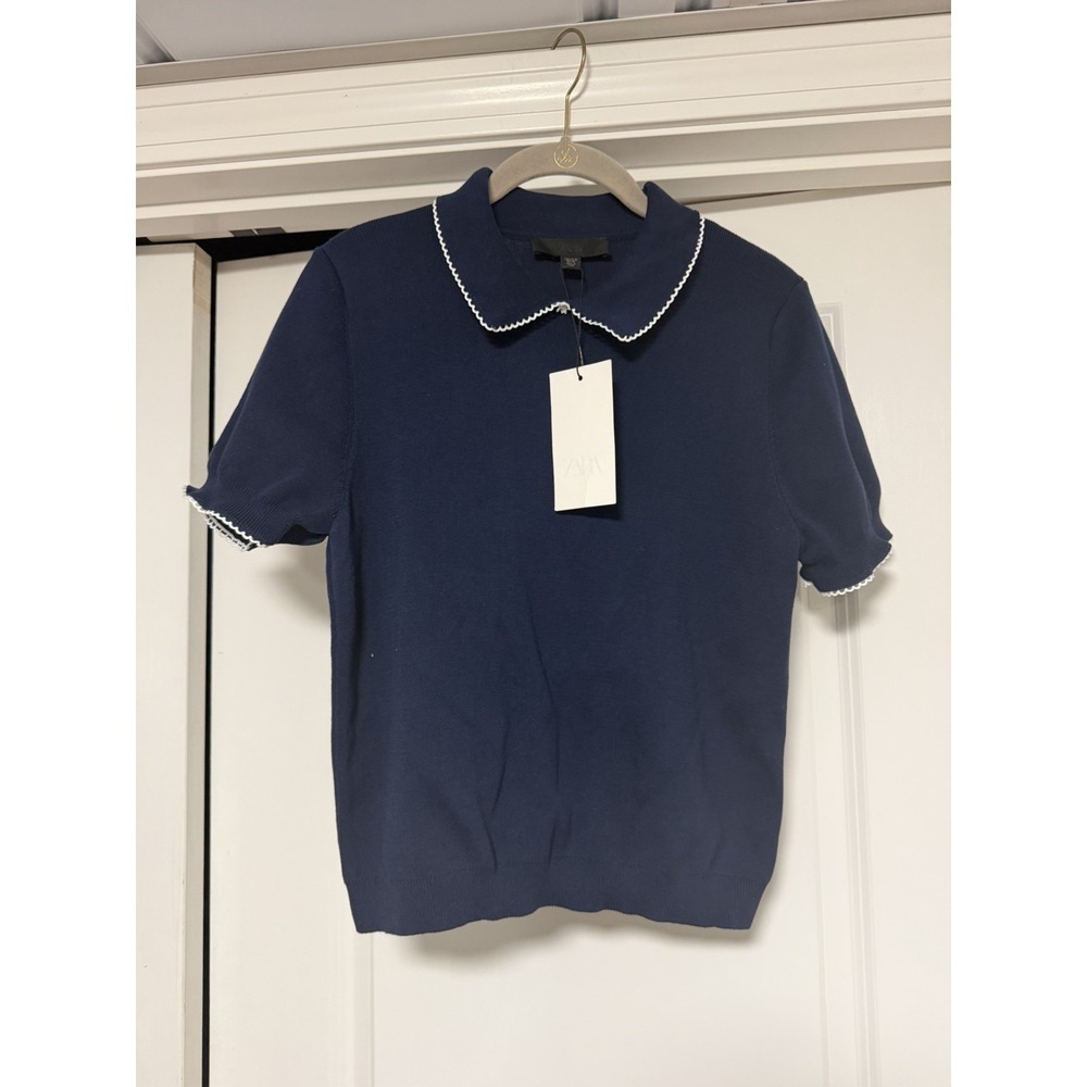 Zara piping knit top is a navy blue, short-sleeve collared sweater, Medium